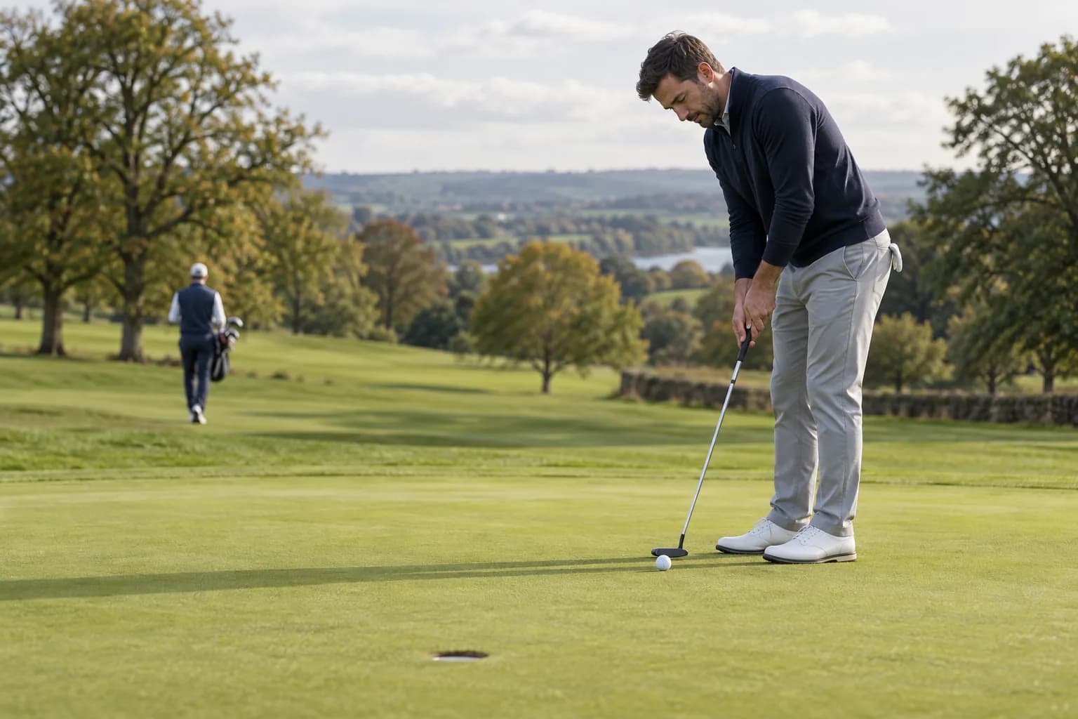 A golfer practising a putt between holes